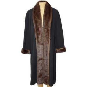 Vintage Marvin Richards Black Lambs Wool Cashmere‎  Trench Coat Fox Fur Collar